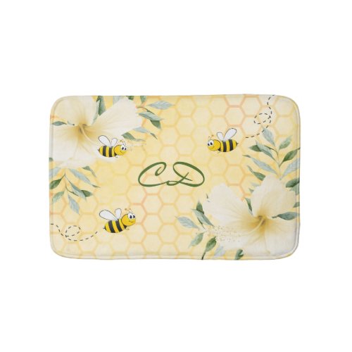 Yellow honeycomb flowers bees monogram bath mat