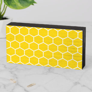 Yellow Honeycomb Geometric White Lines Bumblebee Wooden Box Sign