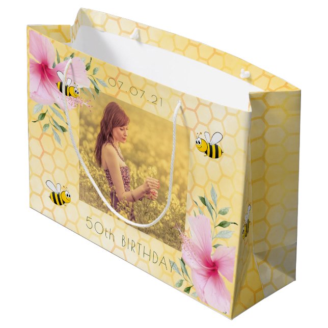 Yellow honeycomb pink florals photo 50th birthday large gift bag (Back Angled)
