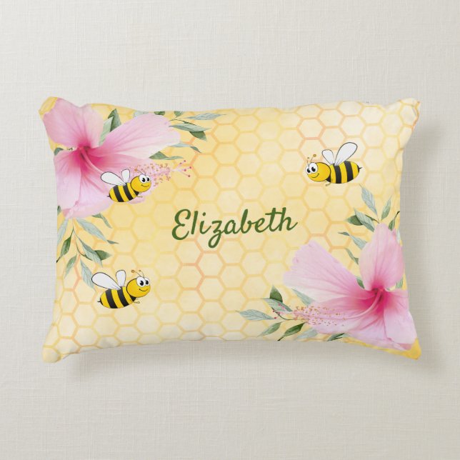 Yellow honeycomb pink flowers bees name accent pillow (Front)