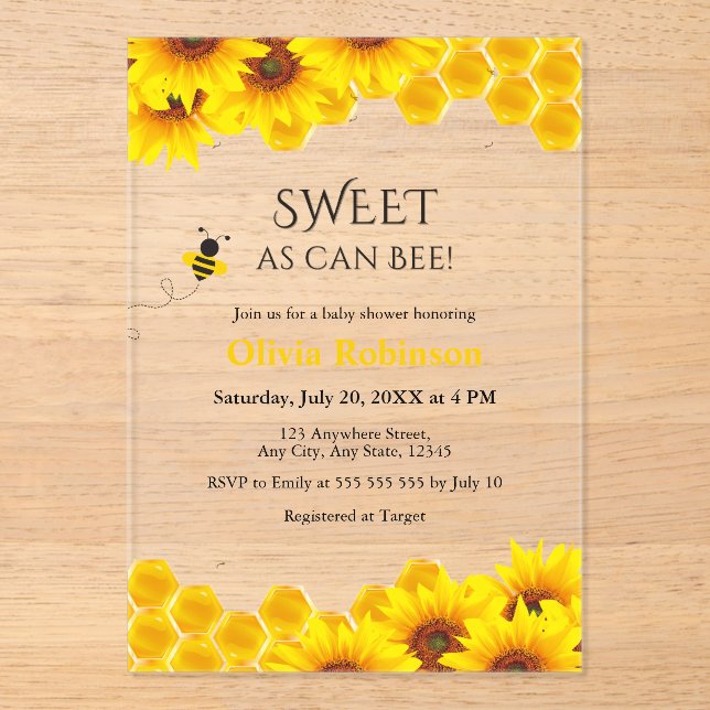 Yellow Honeycomb Sweet as can Bee Baby Shower  Acrylic Invitations (Front)