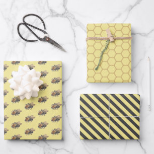 Yellow Honeycomb & Vintage Honeybees & Stripes Wrapping Paper Sheets