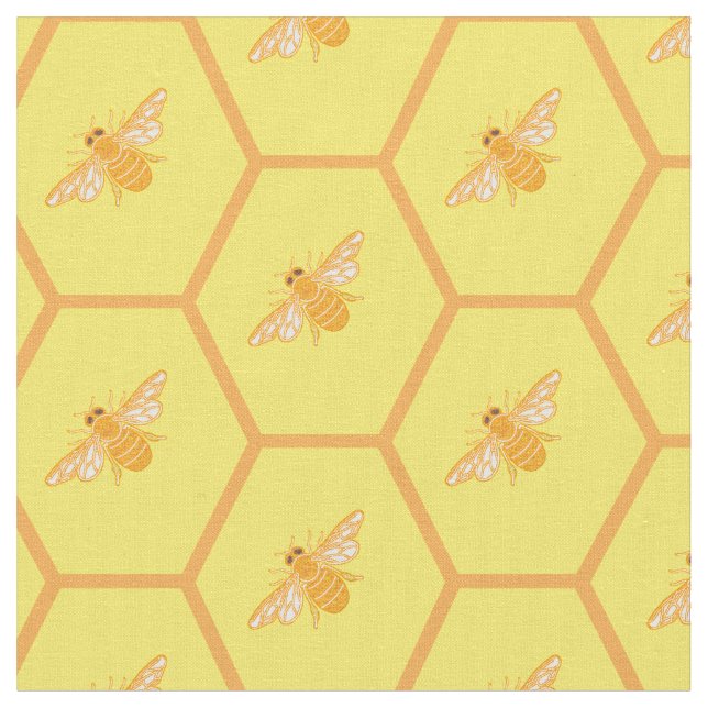 Yellow honeycomb with honey bees fabric (Close Up)