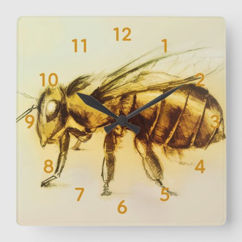 Yellow Hornet Bee Square Clock Realistic Sketch Square Wall Clock