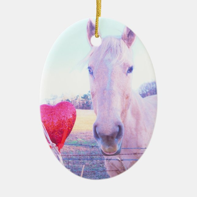 Yellow Horse and Red  Heart Ceramic Ornament (Front)