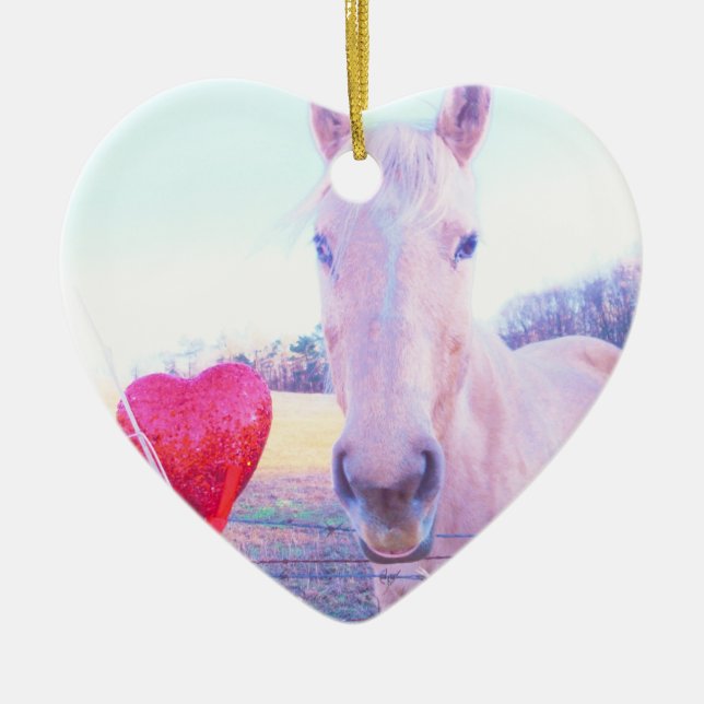 Yellow Horse and Red  Heart Ceramic Ornament (Front)