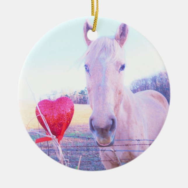 Yellow Horse and Red  Heart Ceramic Ornament (Front)