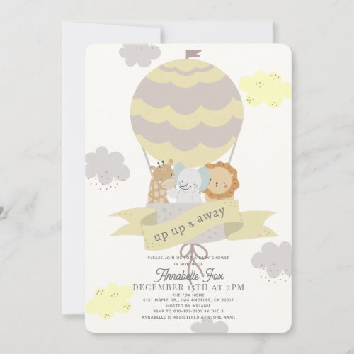 Yellow Hot Air Balloon Animals Baby Shower Invitation