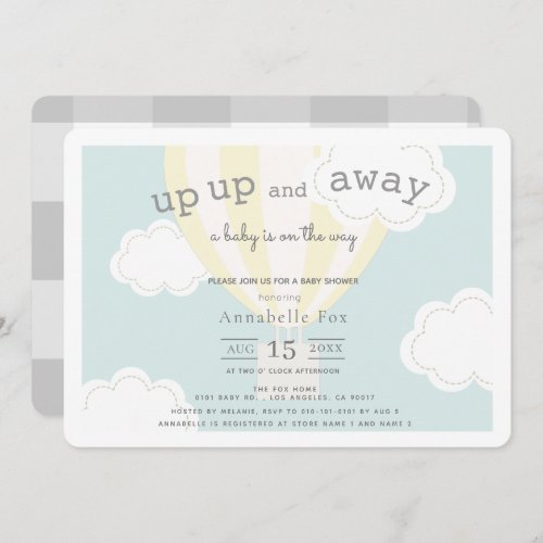Yellow Hot Air Balloon Up Up and Away Baby Shower Invitation