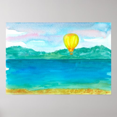 Yellow Hot Air Balloon Watercolor Painting Poster