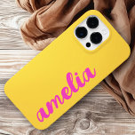 Yellow hot pink name bold script colorful Case-Mate iPhone 14 pro max case<br><div class="desc">Phone cover featuring your name in hot pink on a yellow background. A bold and colorful style.</div>