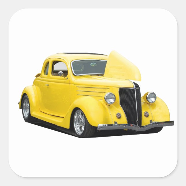 yellow hot-rod car square sticker (Front)