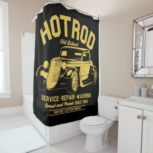 Yellow Hot Rod on Black Shower Curtain