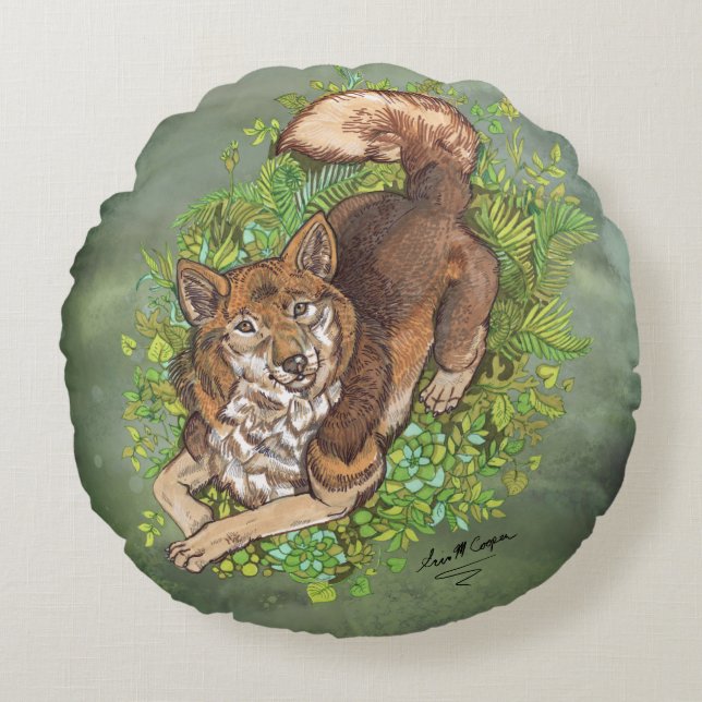 Yellow Husky Dog and Foliage Drawing Round Pillow (Front)