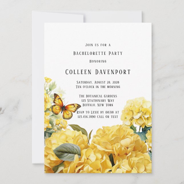 Yellow Hydrangea Butterfly Bachelorette Party Invitation (Front)