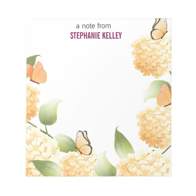 Yellow  Hydrangea Watercolor Border Personalized Notepad (Front)