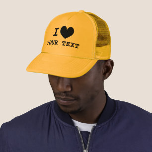 Yellow I HEART trucker hat with black love icon