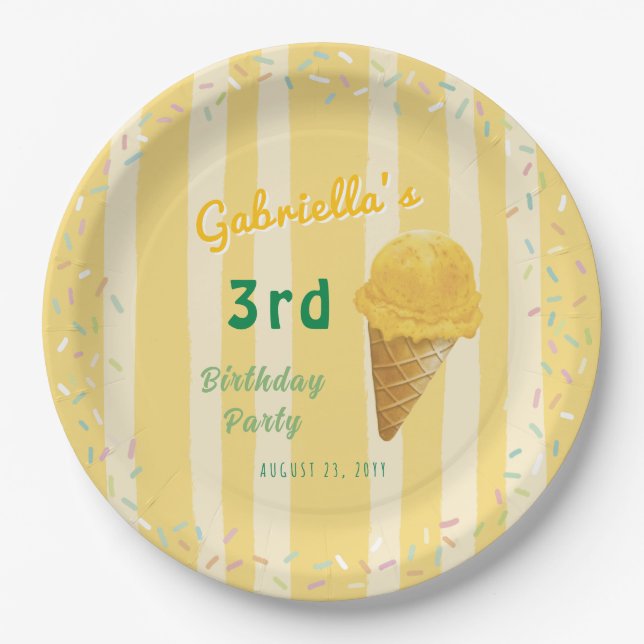 Yellow Ice Cream Sprinkle Summer Birthday Party Paper Plates (Front)