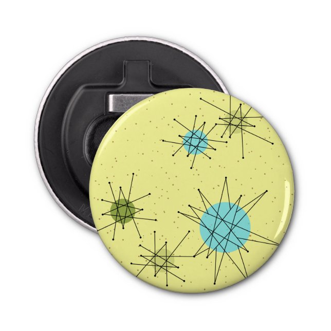 Yellow Iconic Atomic Starbursts Pattern Button Bot Bottle Opener (Front)