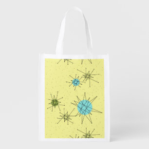 Yellow Iconic Atomic Starbursts Pattern Reusable G Grocery Bag