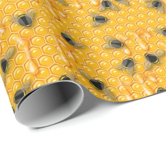 Yellow illustrated bees on a drippy honeycomb wrapping paper (Roll Corner)