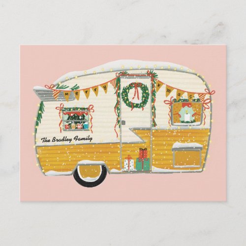 Yellow Illustrated Vintage Trailer  Holiday Postcard