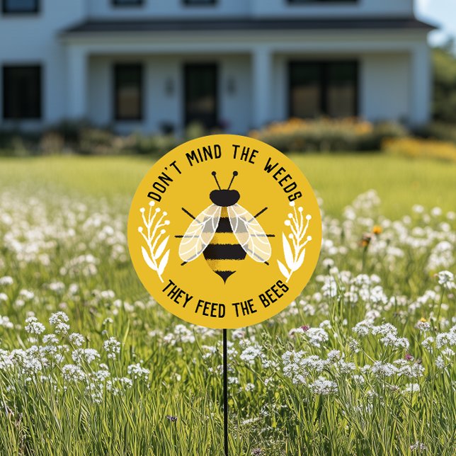Yellow Illustrated Weeds Feed the Bees Yard Sign (yellow native plants and pollinator friendly landscape yard sign with cute bee drawing)