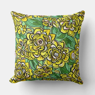 Yellow Illustration Style Floral Pattern Throw Pillow
