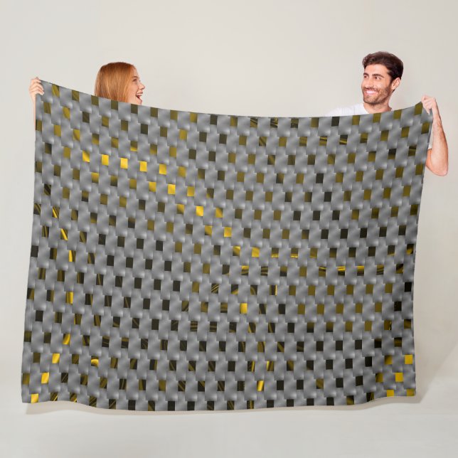 Yellow image under gray plates, oblong squares fleece blanket (In Situ)