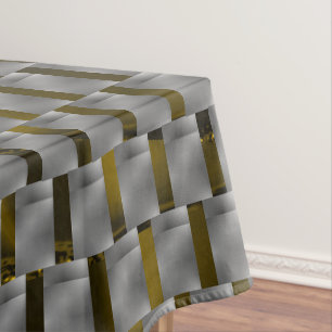 Yellow image under gray plates, oblong squares tablecloth