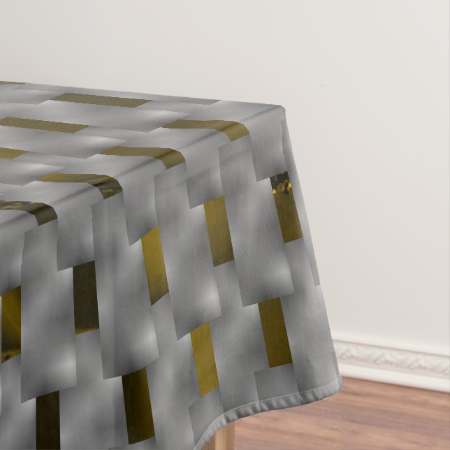 Yellow image under gray plates, oblong squares tablecloth (In Situ)