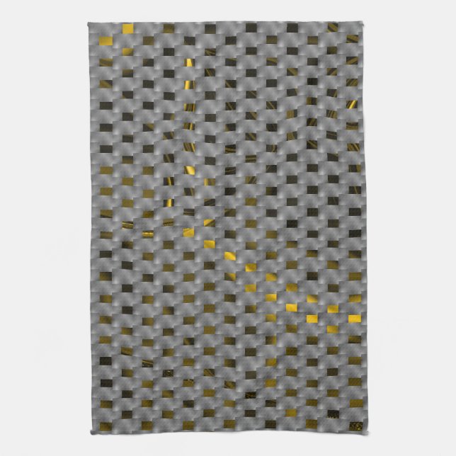 Yellow image under grey plates, oblong squares kitchen towel (Vertical)