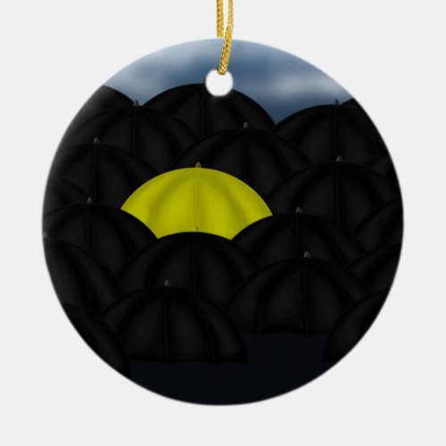 Yellow in a Black Sea of Umbrellas Ceramic Ornament