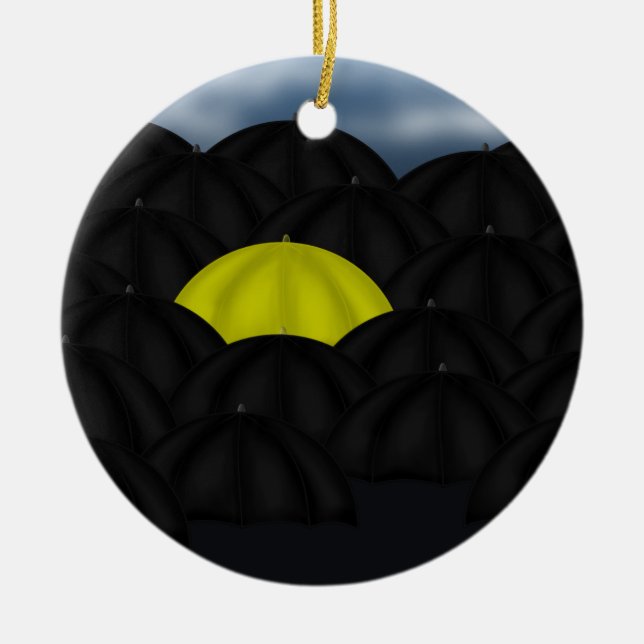 Yellow in a Black Sea of Umbrellas Ceramic Ornament (Front)