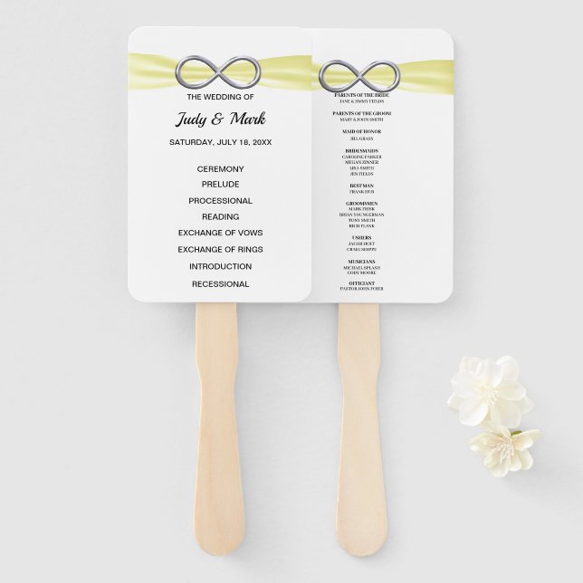 Yellow Infinity Wedding Program Fans (Front and Back)