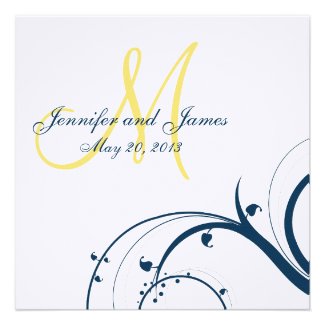 Yellow Initial, Blue Swirls Wedding Invitation