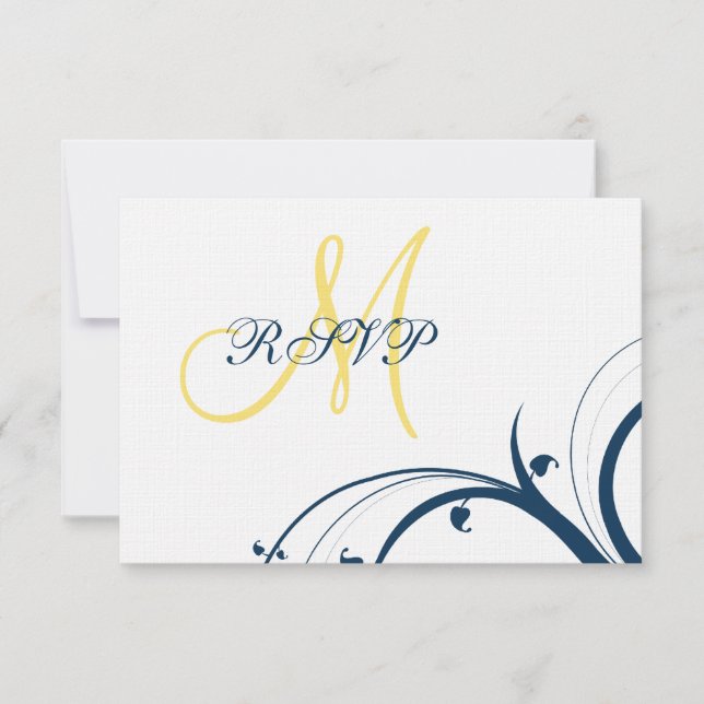 Yellow Initial, Blue Swirls Wedding RSVP Card (Front)