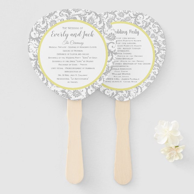 Yellow Iris and Gray Damask Wedding Program Hand Fan (Front and Back)