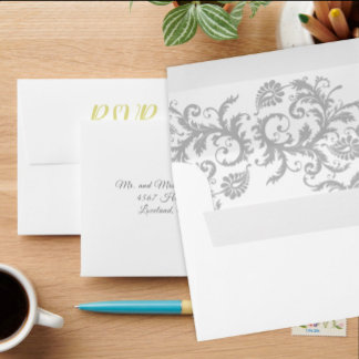 Yellow Iris and Gray Damask Wedding RSVP Envelopes