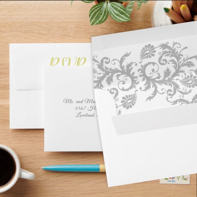 Yellow Iris and Gray Damask Wedding RSVP Envelopes (Creator Uploaded)