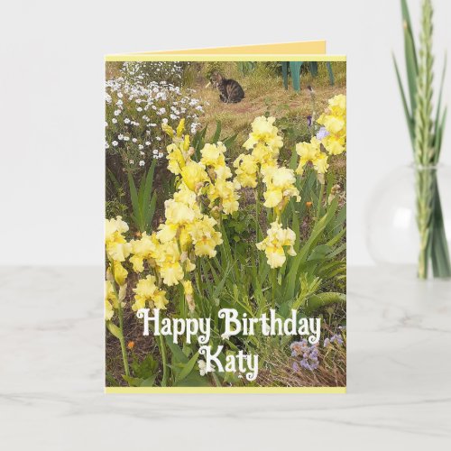 Yellow Iris and Tabby Cat Flowers Birthday Card