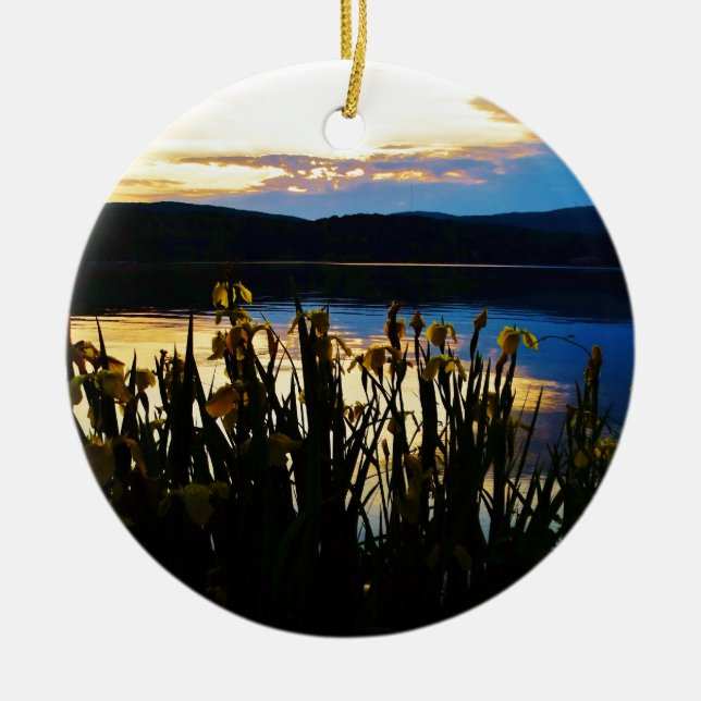 Yellow Iris at Lake Arrowhead shore Ceramic Ornament (Front)
