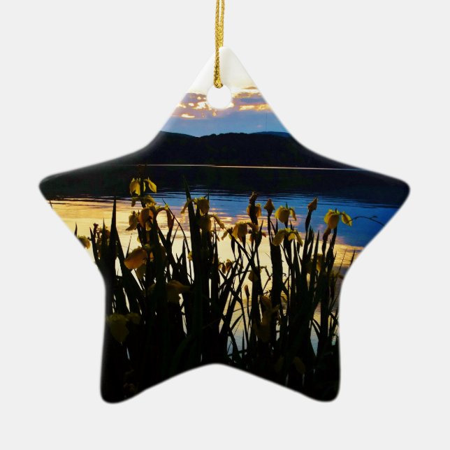 Yellow Iris at Lake Arrowhead shore Ceramic Ornament (Front)