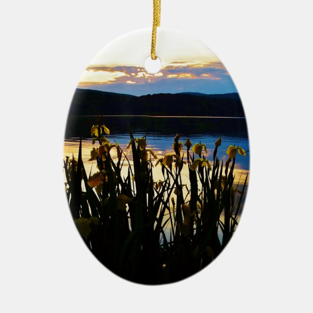 Yellow Iris at Lake Arrowhead shore Ceramic Ornament (Front)