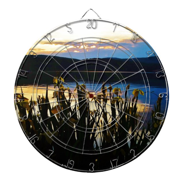 Yellow Iris at Lake Arrowhead shore Dartboard With Darts (Front)