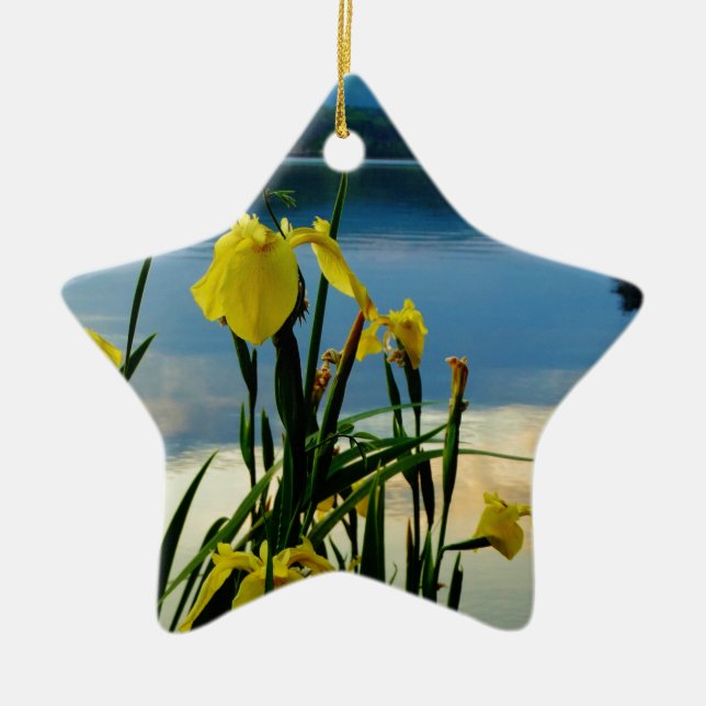 Yellow Iris at Lake Shore Ceramic Ornament (Front)