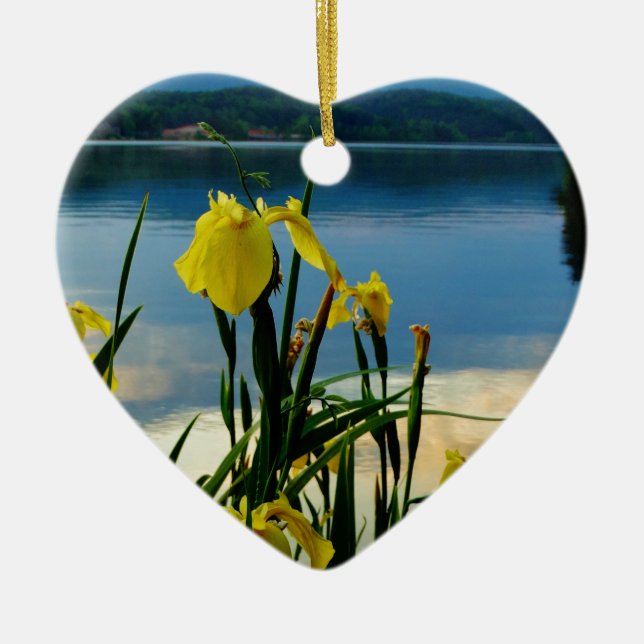 Yellow Iris at Lake Shore Ceramic Ornament (Front)