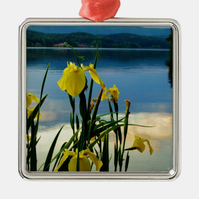Yellow Iris at Lake Shore Metal Ornament (Front)