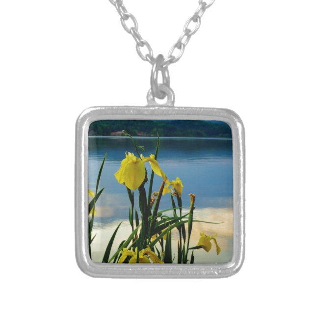 Yellow Iris at Lake Shore Silver Plated Necklace (Front)