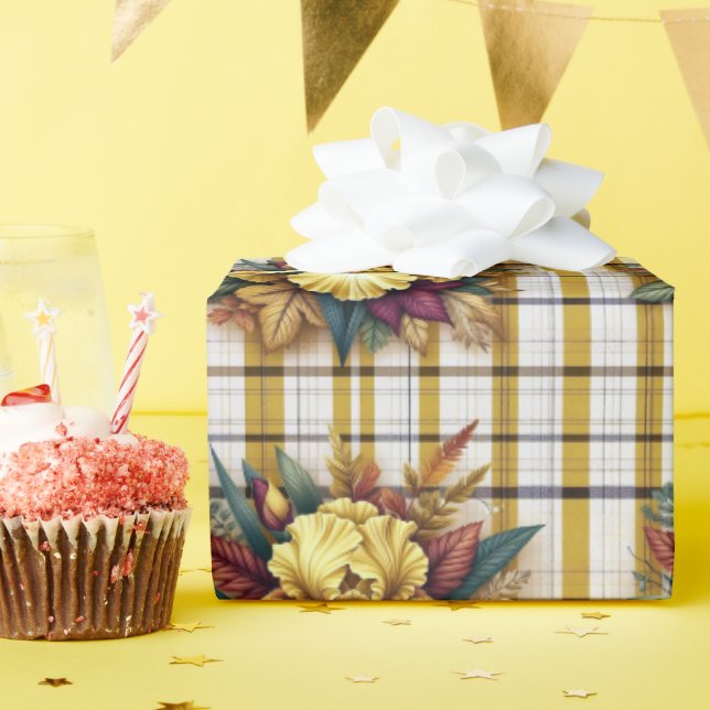 Yellow Iris With Autumn Leaves on Plaid Background Wrapping Paper (Birthday Party)